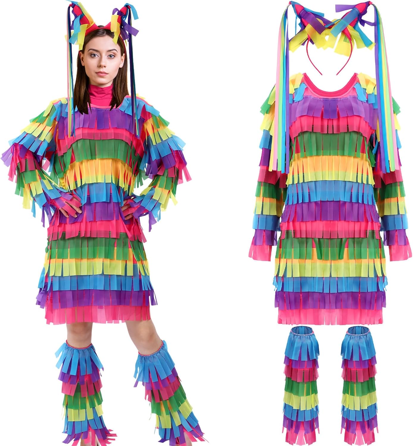 3 Pcs Halloween Costume Pinata for Women Multicolored Piñata Dress Headband Leg Warmers for Halloween Cosplay