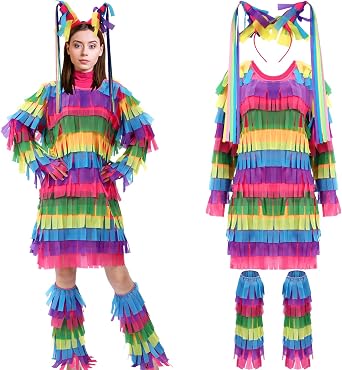 3 Pcs Halloween Costume Pinata for Women Multicolored Pinata Dress Headband Leg Warmers for Halloween Cosplay