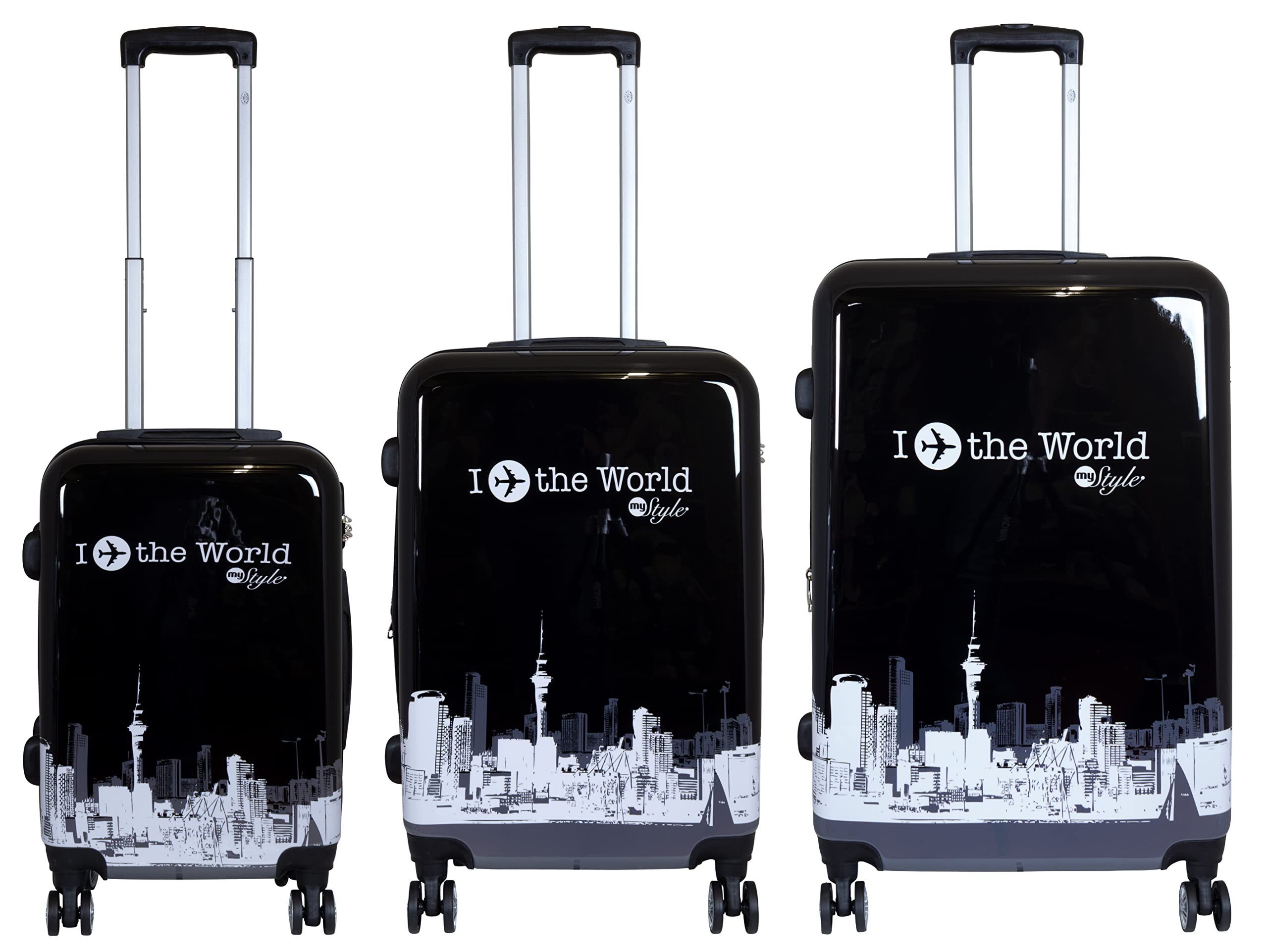 Hartschale Koffer-Set 3-teilig mit Flugzeug Städte Motiv - Fly The World schwarz - 4 Rollen