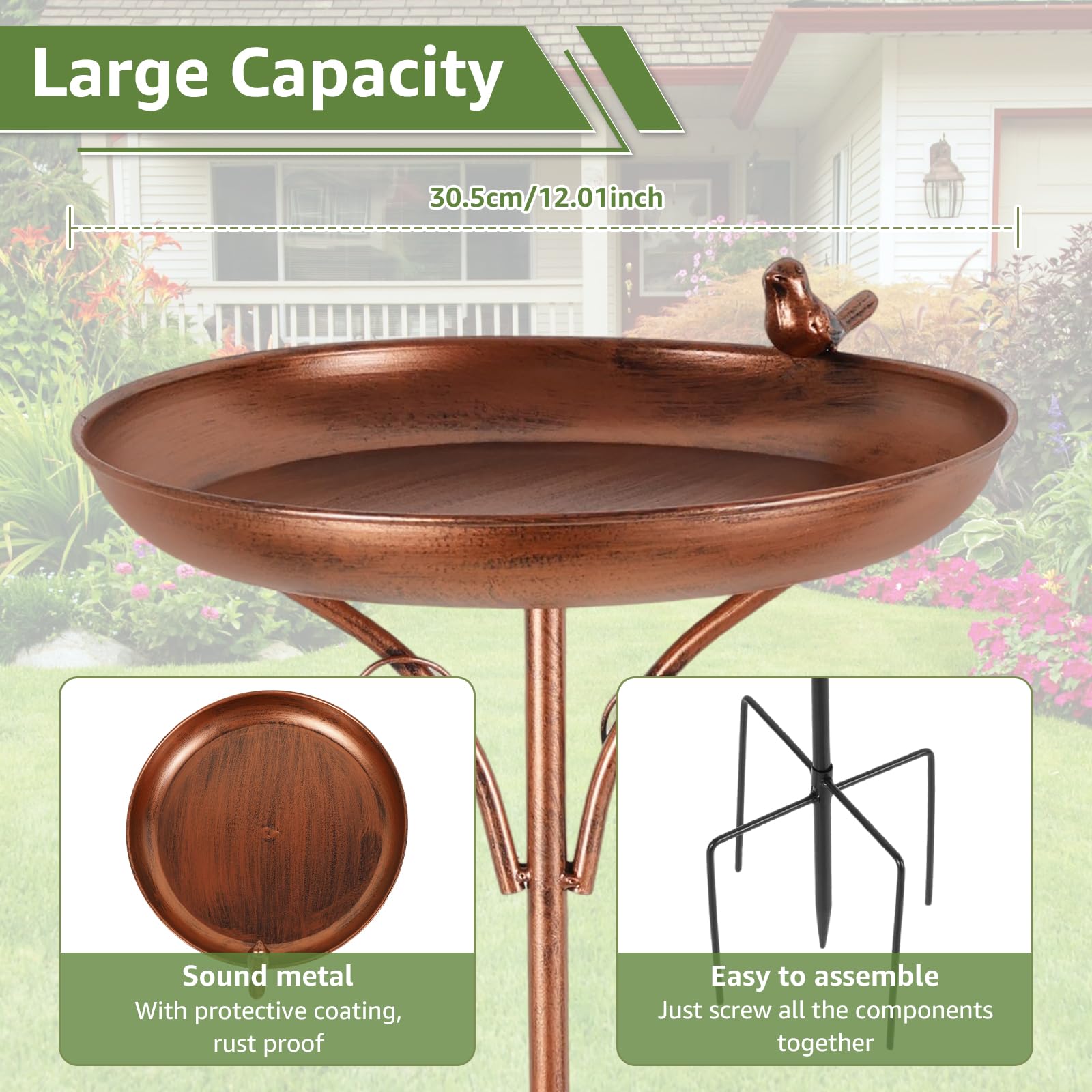 Bain d'oiseaux debout avec fontaine solaire pour extérieur, Φ 30 cm, vintage, en métal, ultra inoxydable, robuste, durable, vintage, résistant au gel, grand pour balcon, jardin