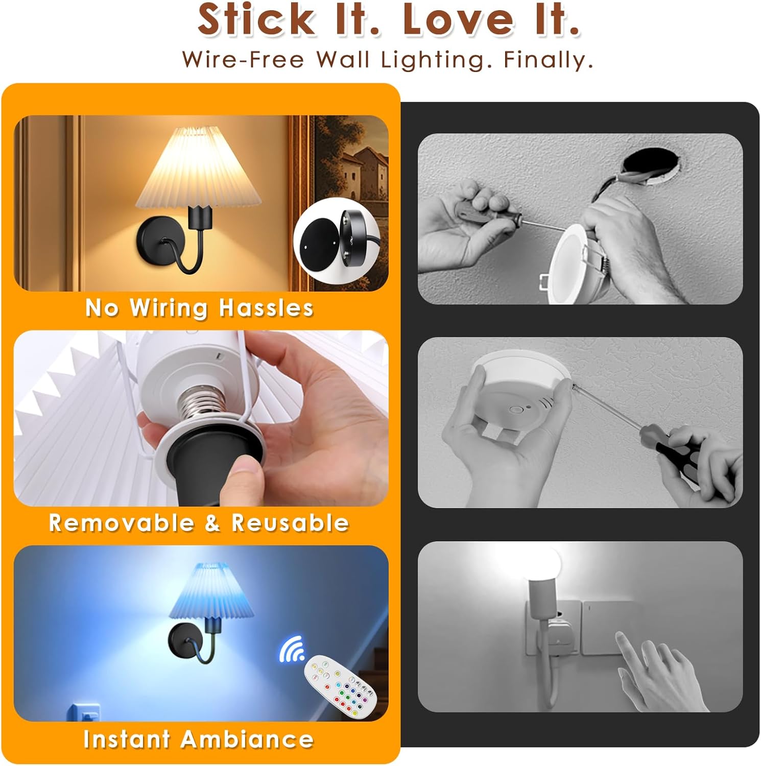 Modern Wall Sconces Set of 2, Wireless Battery Operated Wall Sconces, 2 Pack No Wiring Plug in Wall Lamp with RGB Smart Bulb, Easy Install Portable Wall Light for Bedroom, Living Room, (Black)