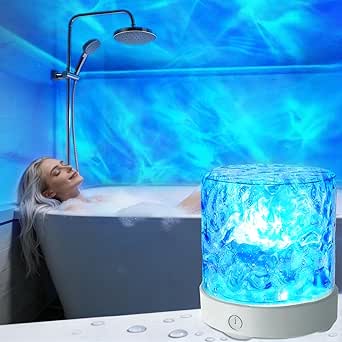 Rechargeable Shower Light No Wiring, 16 Color Changeable Ocean Wave Projector Light, Dimmable Waterproof Shower Lamp with Remote, Rotating Flame Water Ripple Lamp for Shower, Bathroom, Bedroom Decor
