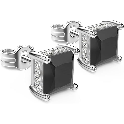 18K White Gold Plated Sterling Silver Princess Cut Cubic Zirconia Stud Earrings Square CZ Diamond Stud Earrings for Women Men Hypoallergenic