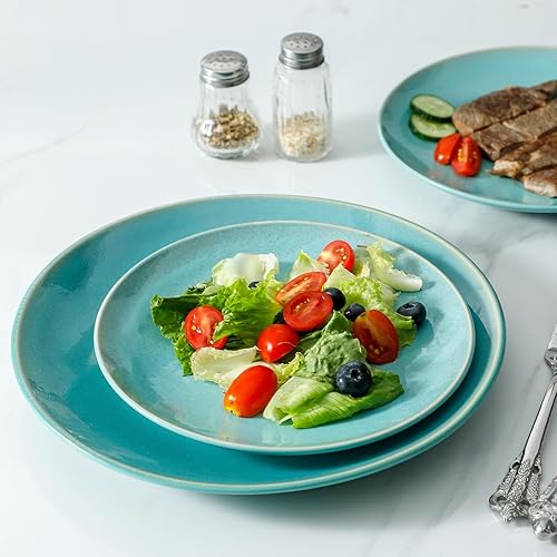 Miniatura 6 de Juego de 4 platos llanos de cerámica verde claro de 8 pulgadas, platos de ensalada de porcelana para pizza, pasta, postre, aperitivos, aperitivos