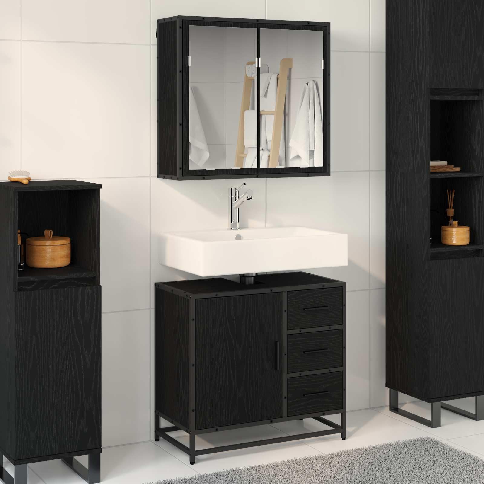 Muebles de baño de alta gama en aspecto roble negro con cajonera espaciosa y espejo