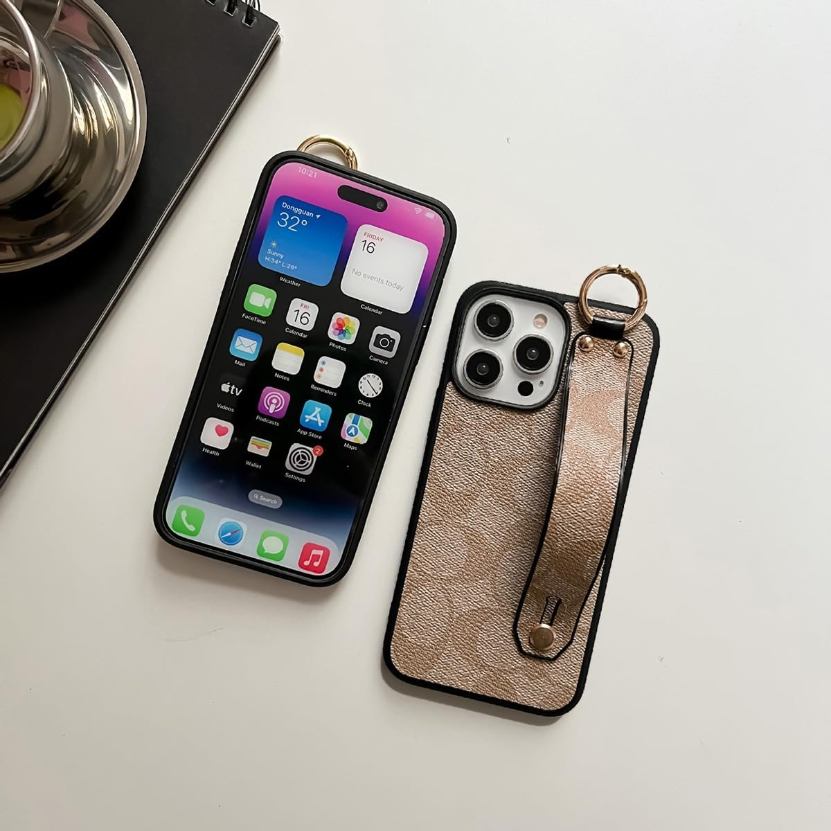 Case for iPhone 15 Pro Max with Ring Holder,Designer Textured Leather Pattern with Wrist Strap,Shockproo Protective Tough Cover Compatible with iPhone 15 Pro Max 6.7Inch(Brown) - Image 5