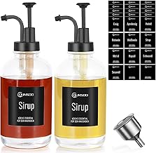 Coffee Syrup Dispenser, 2 Pack 500ml Syrup Pump Dispenser with 24 Stickers, 1 Stainless Steel Funnel Oil Bottle with Spout for Kitchen