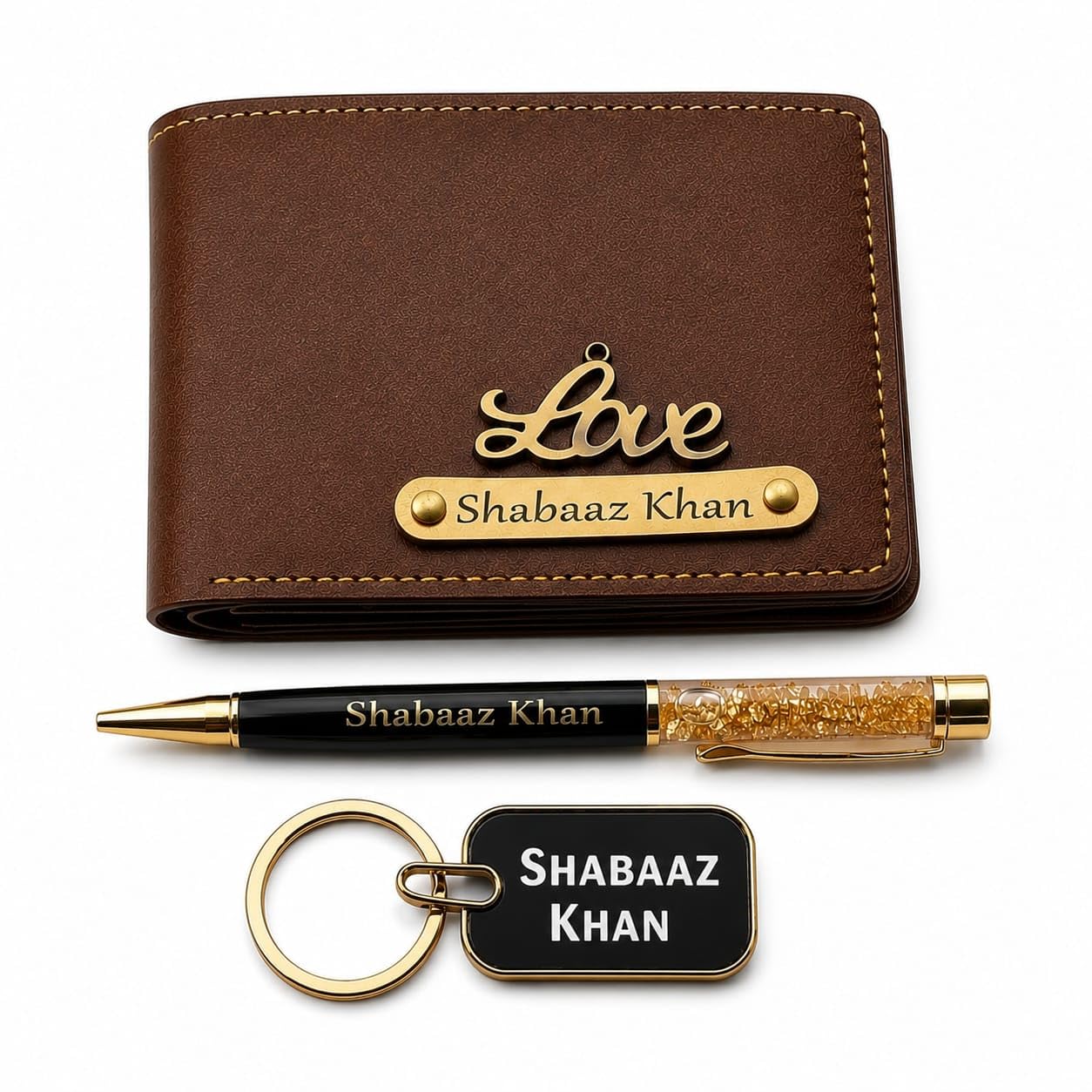 Personalized Leather Wallet Gift Set with Pen & Keychain – Brown-image-14