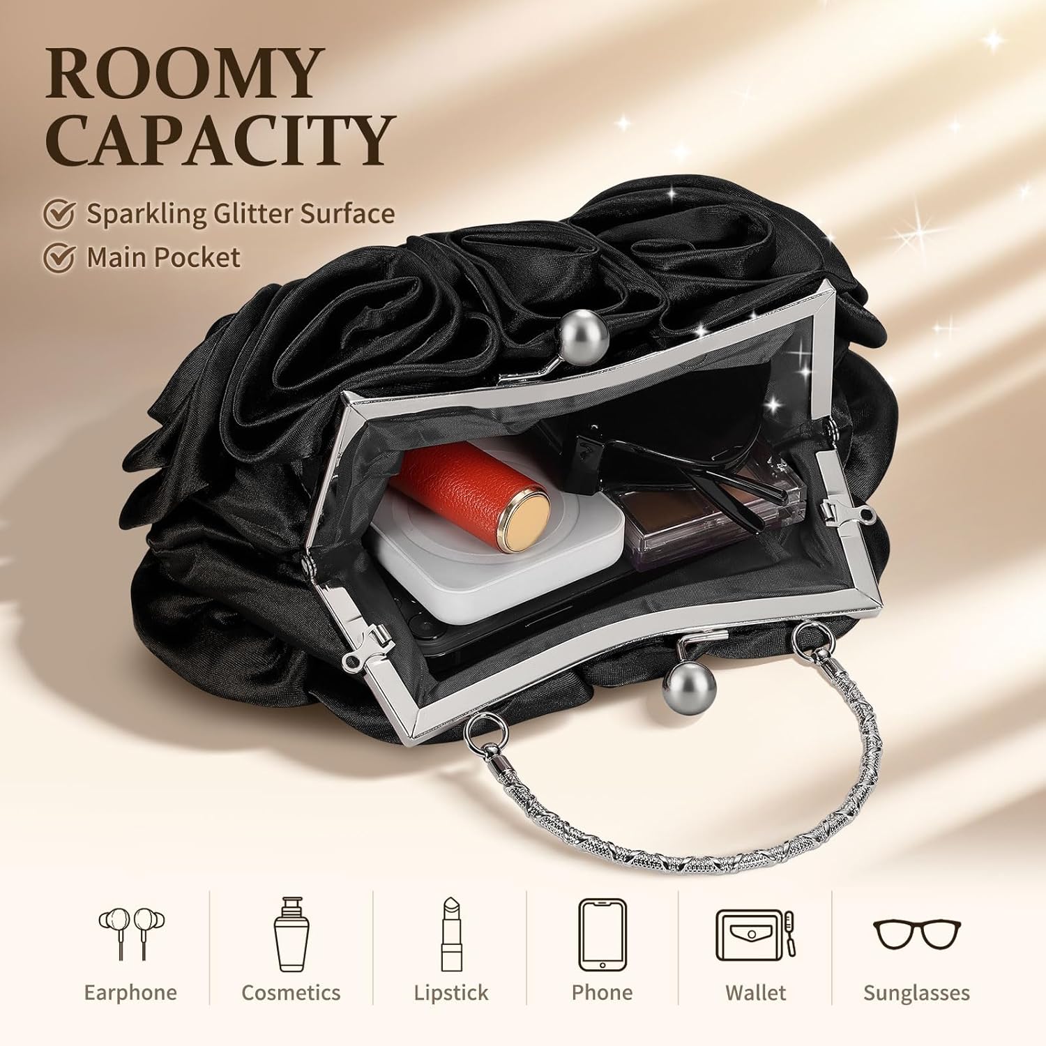 Rose Evening Bag Clutch Purse for Women, Satin Evening Purse W/3D Floral Rose for Formal Wedding Party Bride, Black - Image 5