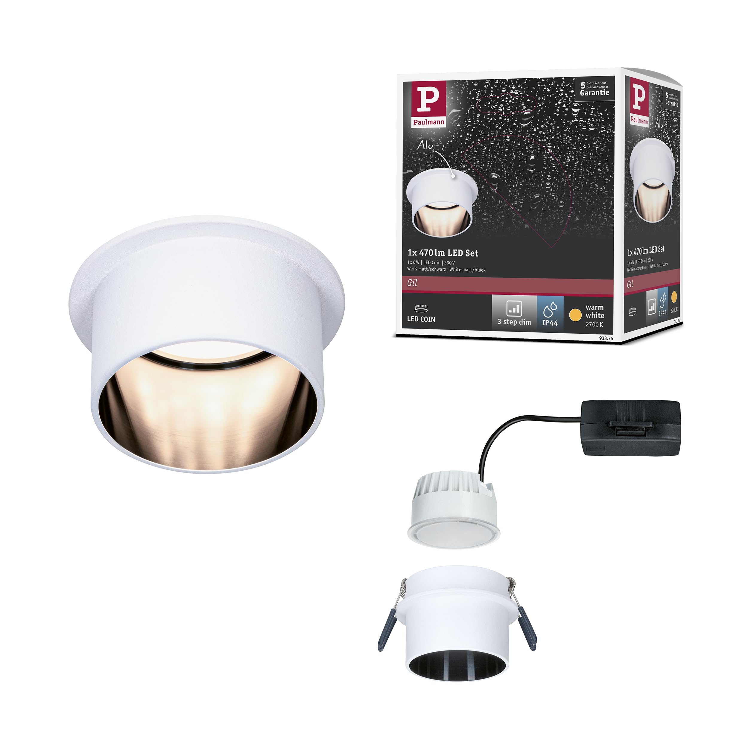 Paulmann 93376 spots encastrés LED Gil Gradable sur 3 niveaux rond incl. 1x6W blanc dépoli projecteurs encastrés Noir mat alu spot 2700K Coin