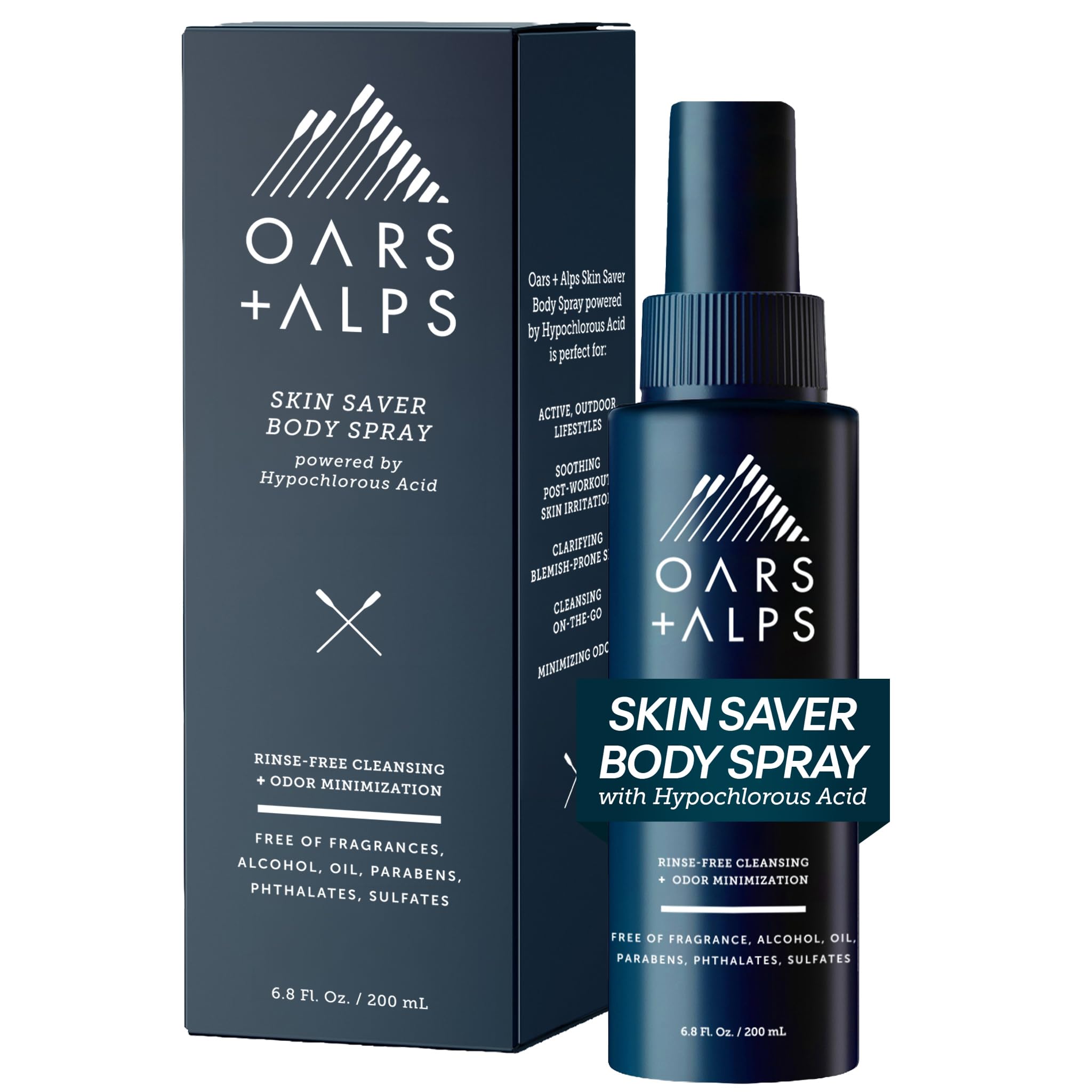Oars + Alps Skin Saver Body Spray with Hypochlorous Acid, Eliminates Odors, Freshens & Soothes Irritation & Redness, Use After Workouts, Traveling & Post Shave, Safe & Clean Ingredients, 6.8oz