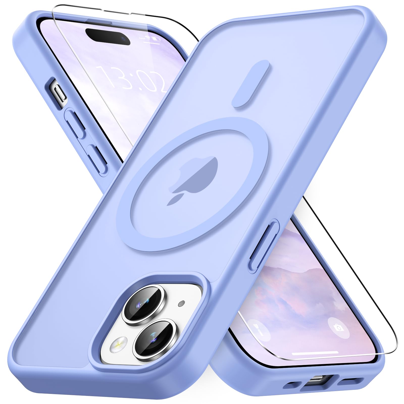 Vansdon Cover Magnetica per iPhone 15 con 1 Pezzi Vetro Temperato, Compatibile con Magsafe, Protezione anticaduta di livello militare, Custodia Traslucida Opaca Sottile Antiurto-Viola chiaro