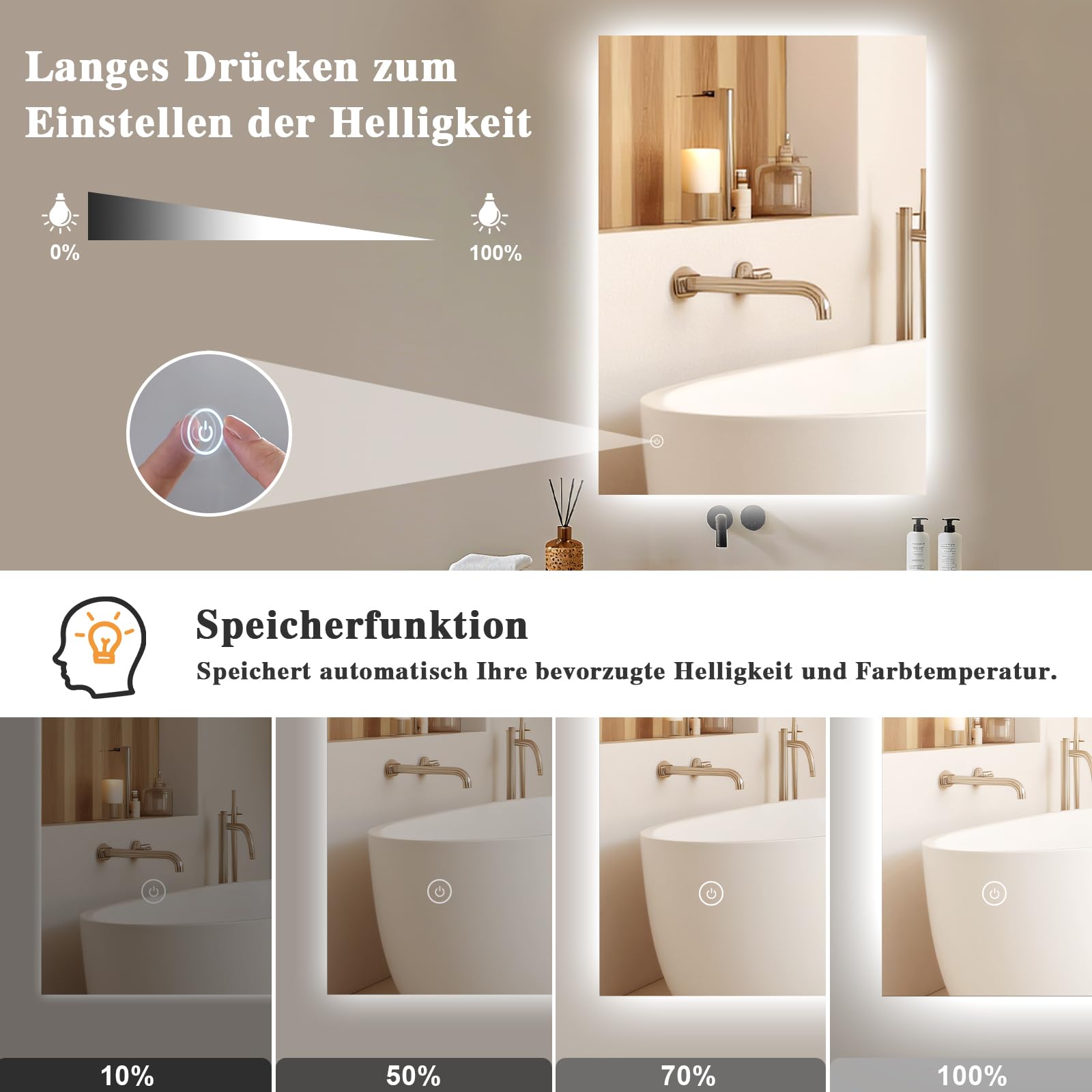 Badspiegel-mit-Beleuchtung 40x60cm - Badezimmerspiegel LED Badezimmer Spiegel mit Beleuchtung, Touch-Schalter, Dimmbar, 3 Lichtfarben, Wandspiegel Led-Spiegel-Bad Horizontal/Vertikal