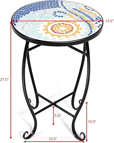 Miniatura 10 de HAPPYGRILL Mesa auxiliar para exteriores, mesa redonda de patio con mosaico de cerámica y marco de acero, mesa auxiliar pequeña para plantas de