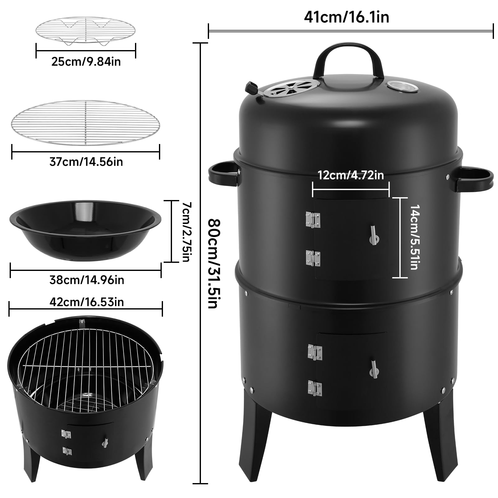 Barbacoa ahumadora, diámetro de 41 cm, gran barbacoa para exteriores con termómetro y 6 ranuras de extracción, barbacoa de carbón vegetal para camping, pícnic, jardín y cocina al aire libre