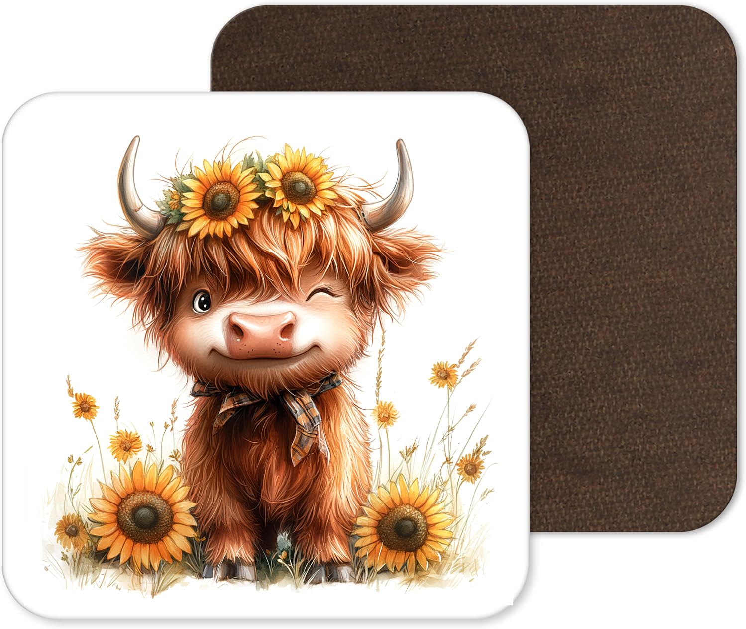 Funny and Cute Highland Cow Coasters - 25 Designs - Funny Retro Square Wooden Coaster (Design 11)