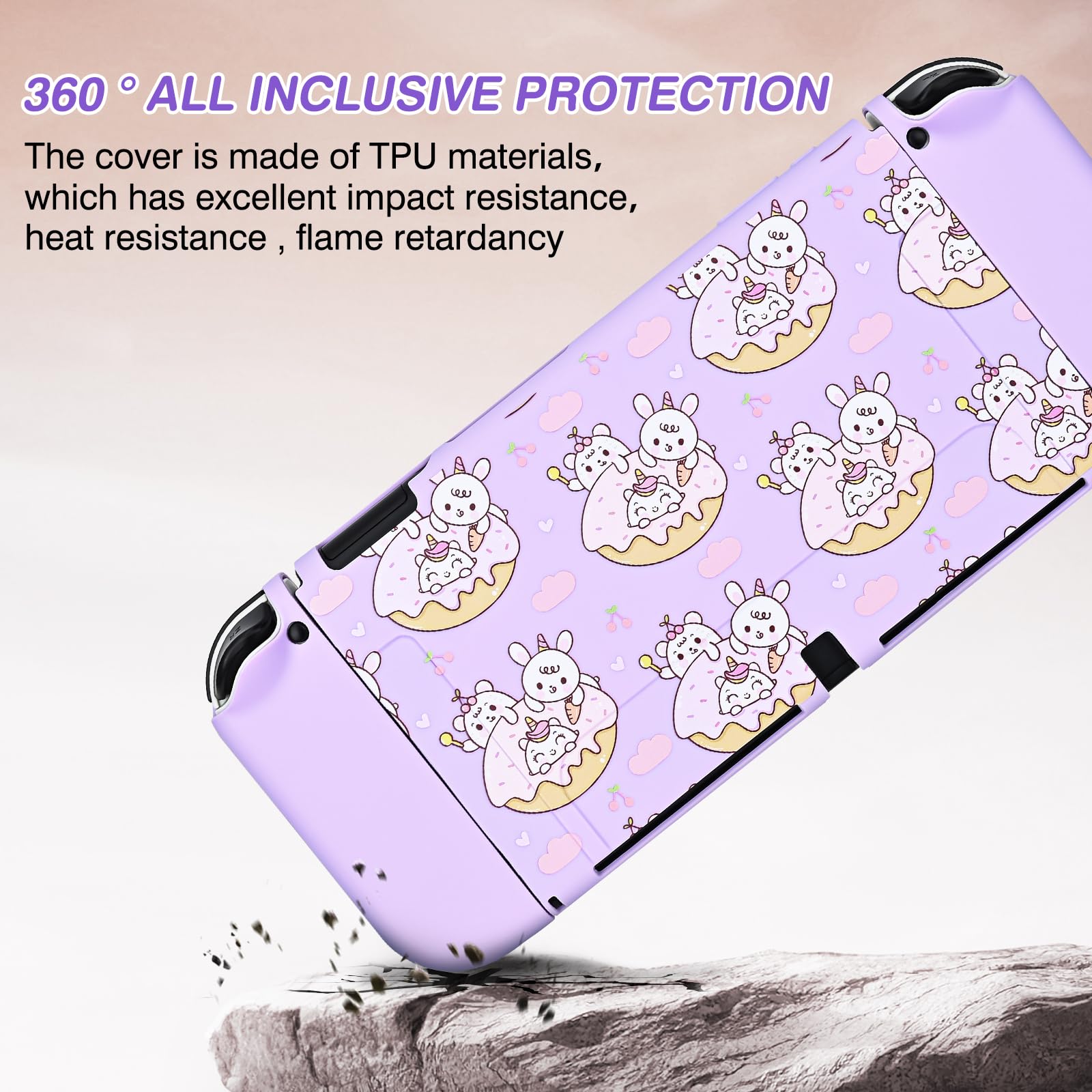 DLseego Custodia protettiva per Switch OLED, adorabile Cover Switch OLED in morbido silicone agganciabile con 2 Joycon cover e 2 Copri levette analogiche luminose,Viola