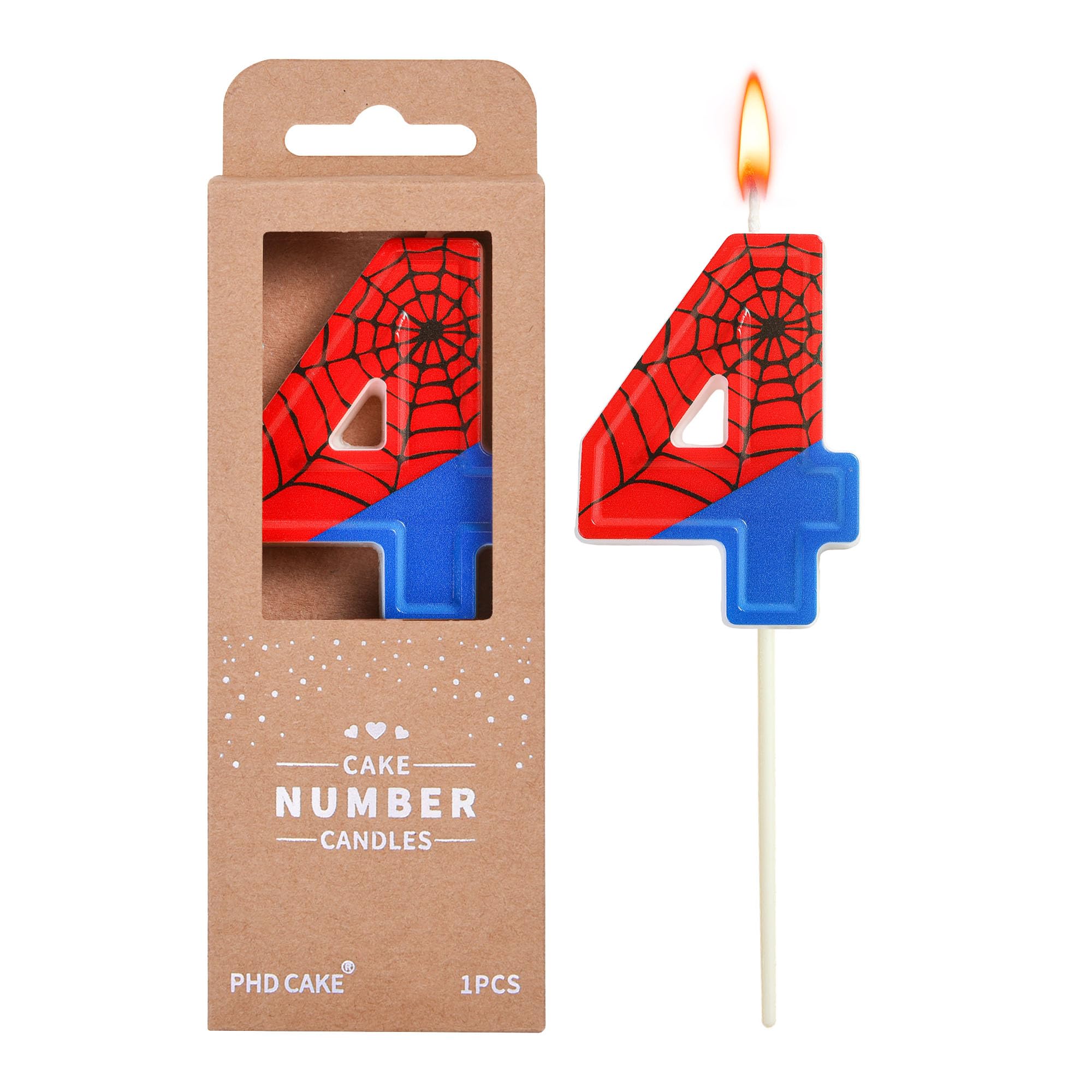 PHD CAKE Bougies d'anniversaire numéro 4 de 7,9 cm, bougies d'anniversaire sur le thème de l'araignée de dessin animé, bougies de numéro de gâteau, célébration de fête