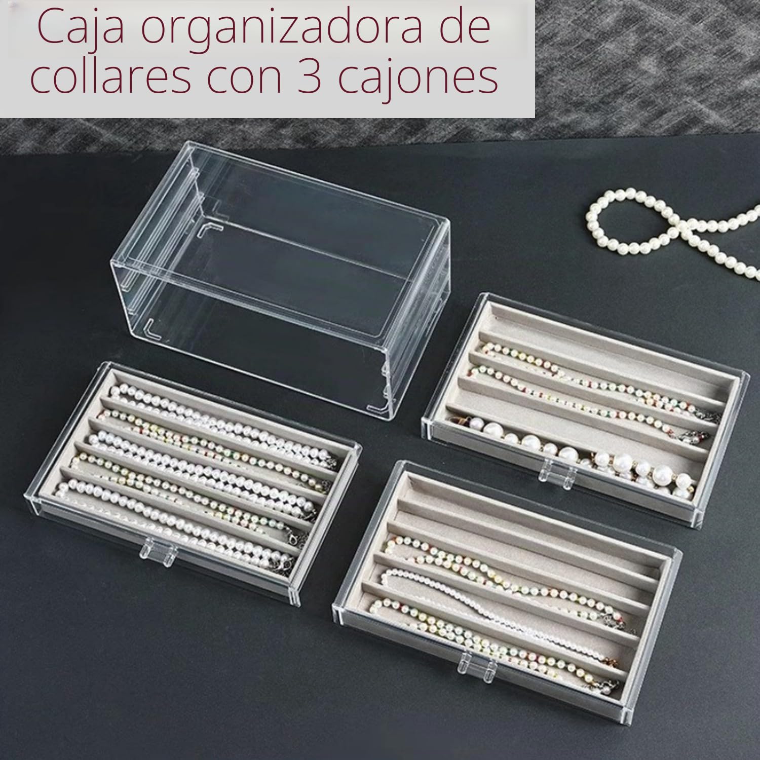 Caja de almacenamiento de collar, caja organizadora de acrílico con bandeja de terciopelo, soporte a prueba de polvo para mujeres y niñas (gris, 3 cajones)