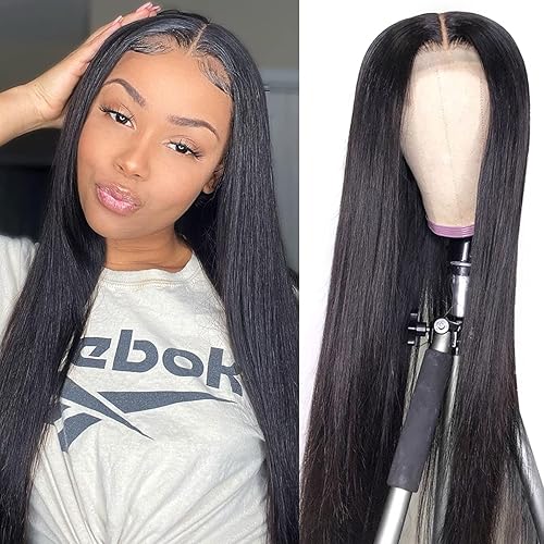 28 Inch HD Straight Lace Front Wigs Human Hair Pre Plucked 4x4 Straight Closure Wigs Human Hair 180% Density Closure Lace Front Brazilian Hair Wigs Straight Human Hair For Black Women Glueless Wigs