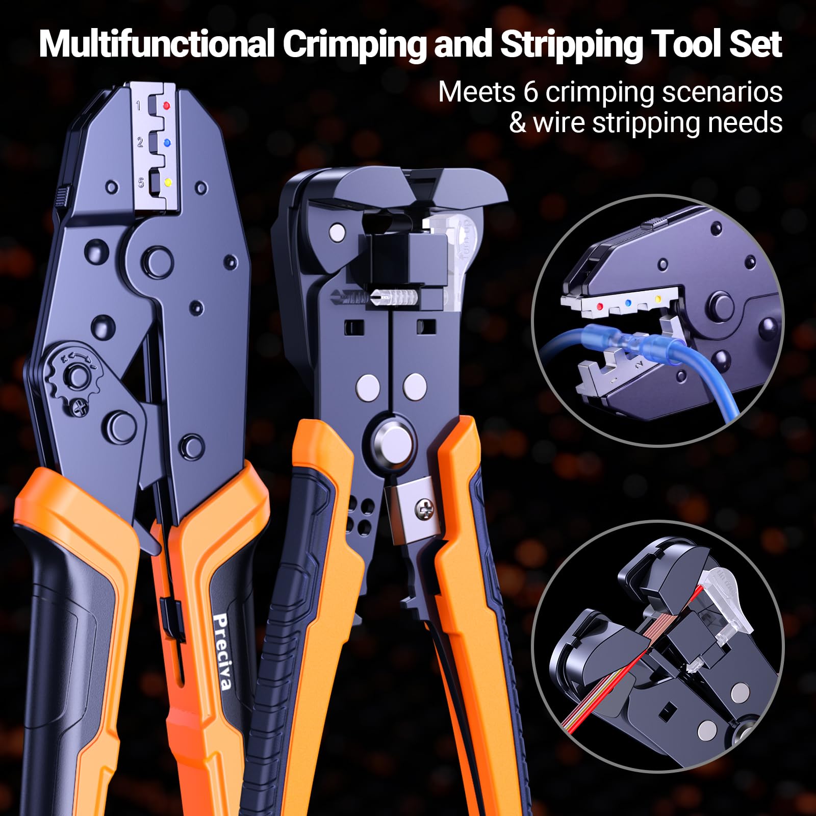 Preciva Kit d'Outils de Sertissage avec Dénudeur de Fils & 285 Cosses, 6 Mâchoires Interchangeables Pince à Sertir à Cliquet en Coffret, 0.25-10mm²(AWG 24-8) pour Travaux Domestiques, Automobiles