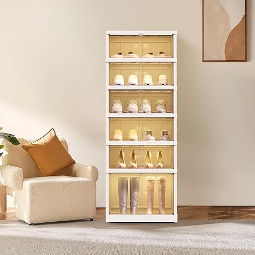 Miniatura 6 de FJJAQQ Zapatero plegable para armario, caja de almacenamiento de 12 pares de zapatos, caja de zapatos apilable de plástico con puerta transparente,