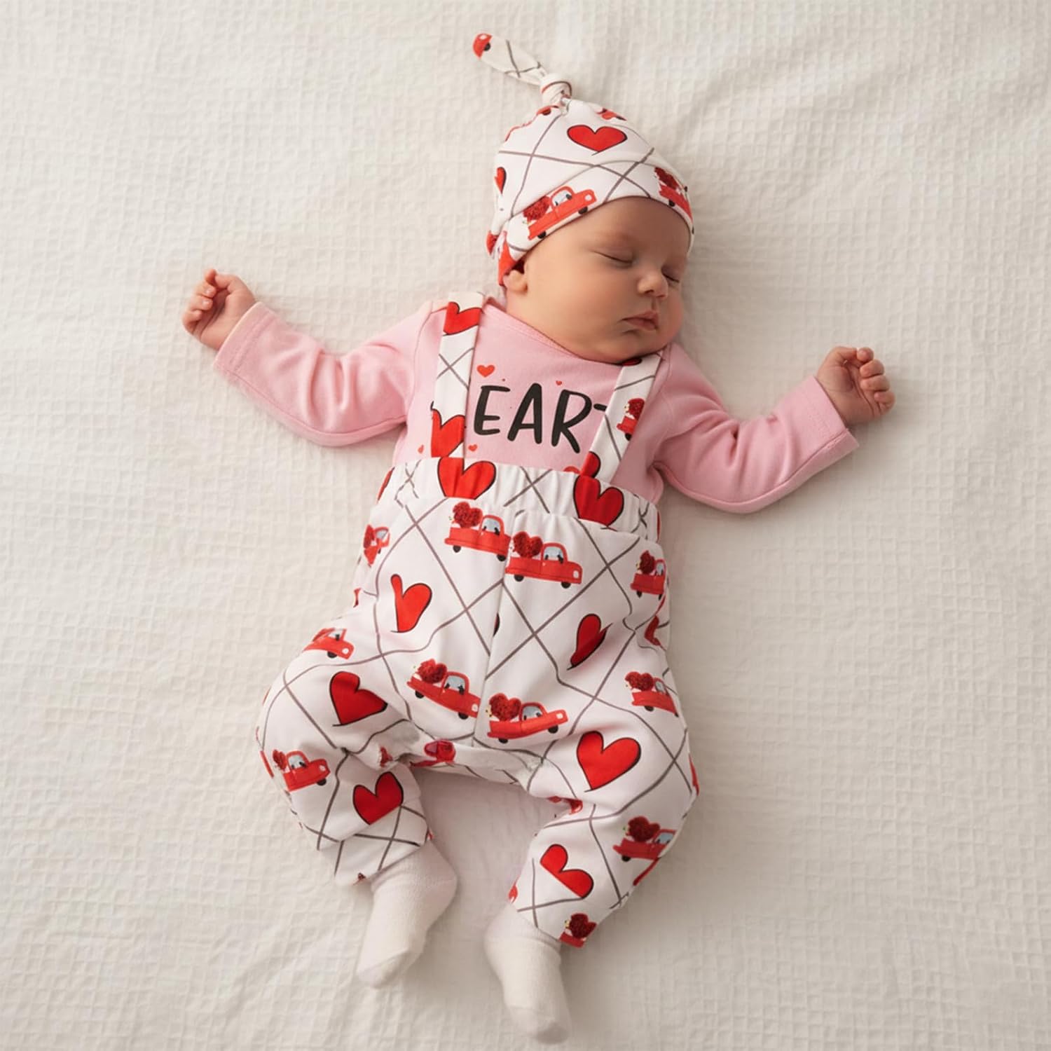 Douhoow Baby Girls Valentine's Day Outfits Heart Car Print Baby Romper Suspender Ovrall Pants With Headband - Image 6