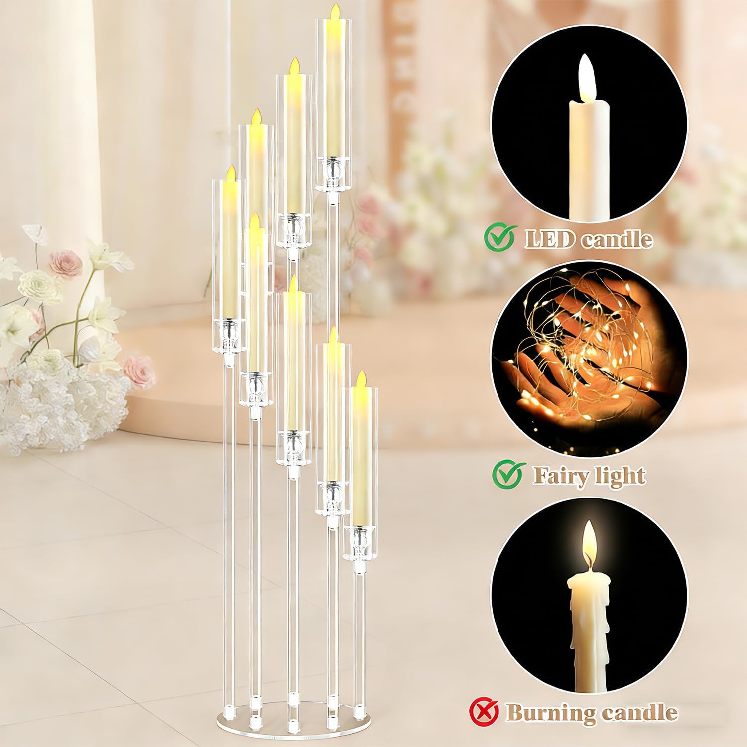 6pcs Acrylic Candelabra Centerpieces for Wedding, Floor Candelabra Candle Holder 8 Arm Candlesticks Holder with Acrylic Shade for Table Birthday Party Fireplace Decor