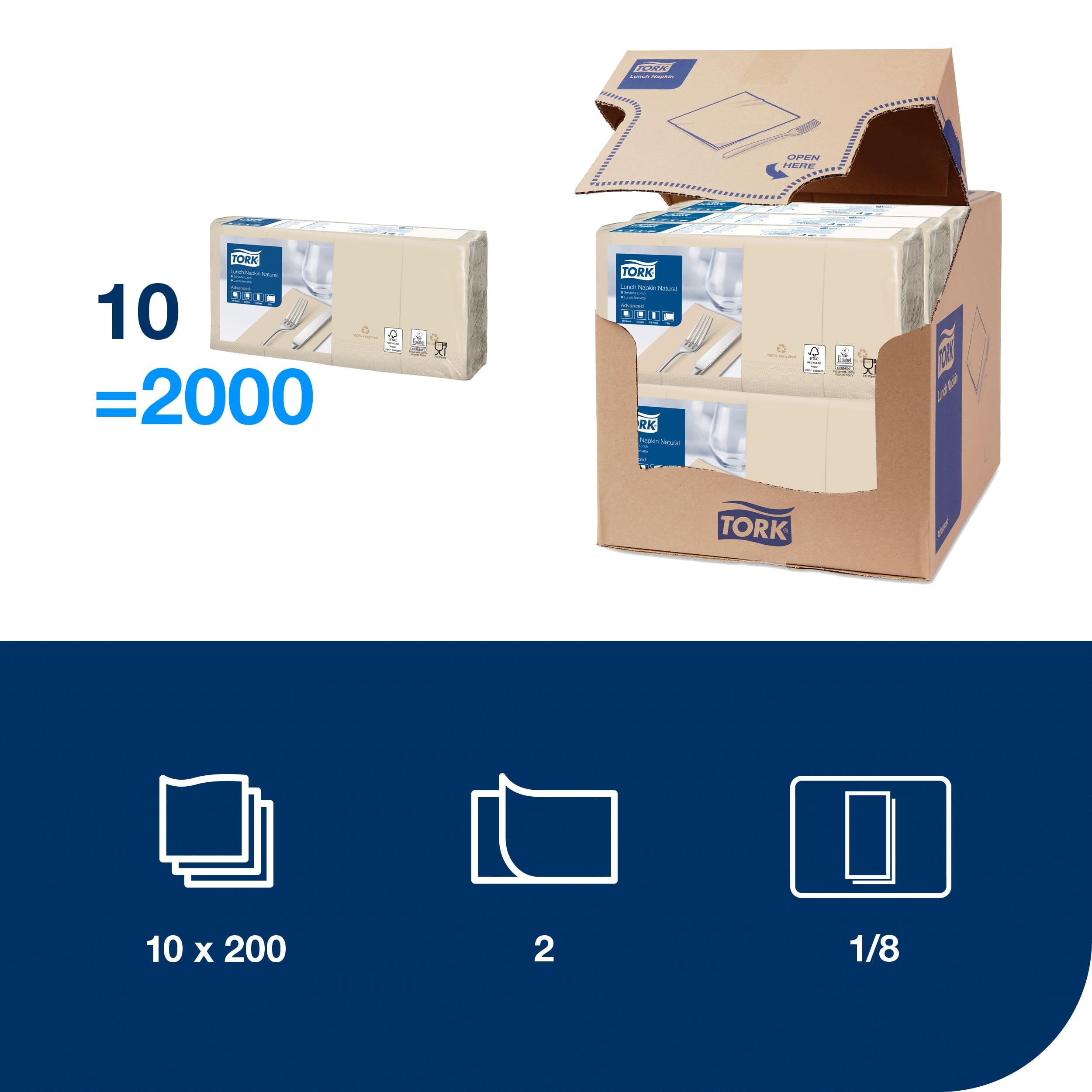 Tork Natural Servilleta de almuerzo, 1/8 pliegue de 2 capas, 33 cm x 33 cm, 10 x 200 servilletas, 477351