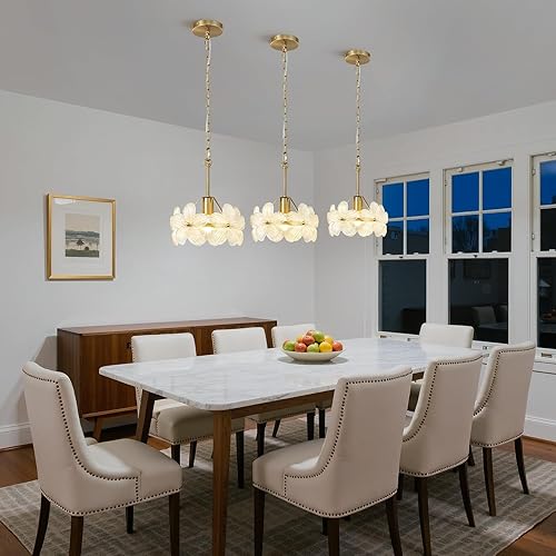 Miniatura 8 de Modernas luces colgantes de cristal para isla de cocina con pantalla de pétalos, lámparas colgantes de oro cepillado, luz colgante ajustable para