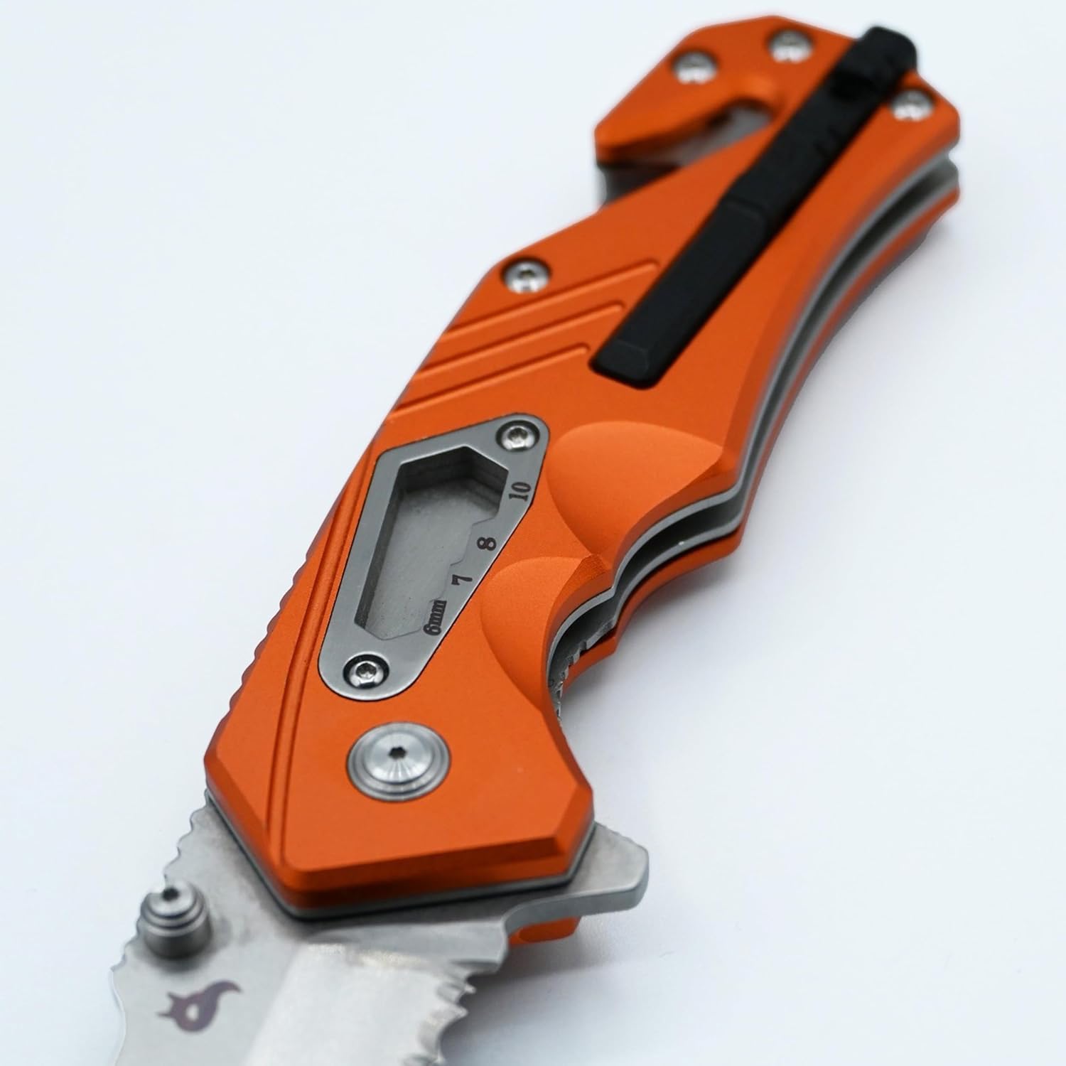 BlackFox Demand BF-784 OR Folding Rescue Knife, 3.35in Partially Serrated Blade, Orange Handle, Seatbelt Cutter, Glass Breaker, Whistle, Ferro Rod, Hex Keys, Pocket Clip, Nylon Sheath, Emergency Knife