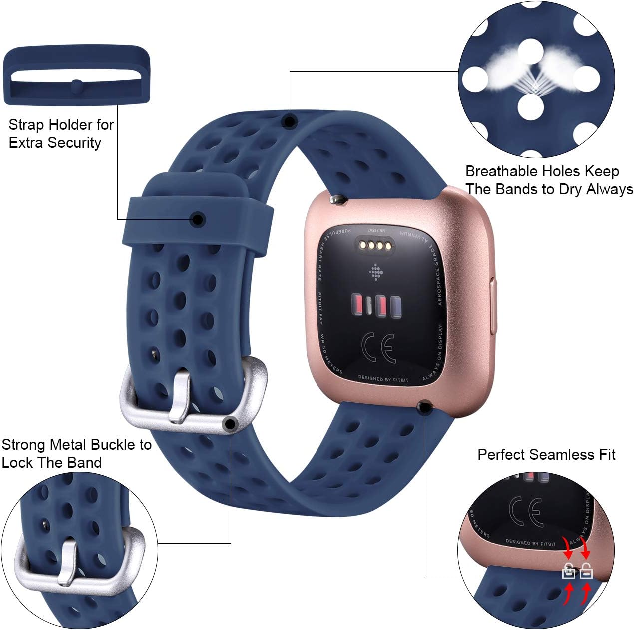 GEAK Sport Bands for Fitbit Versa 2/Versa Bands/Versa Lite Smartwatch, Waterproof and Breathable Wristbands with Metal Buckle for Fitbit Versa 2 Smart Fitness Watch Women Men, Small Large