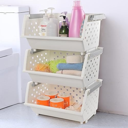 Miniatura 6 de Bringer Paquete de 4 cestas de almacenamiento apilables de plástico, cesta organizadora apilable de cocina, color blanco