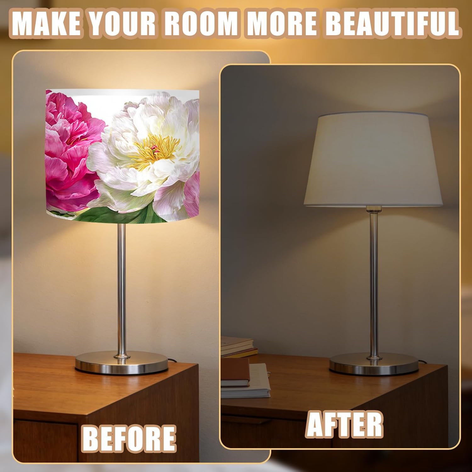Nuxovilar Lamp Shades Set of 2, Polyester 13x9.8 Inches - Lamp Shades for Table Lamps, Blooming Peony Flower Design for Bedroom, Living Room, Elegant Space