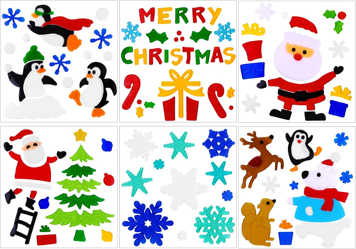 JOICEE 6pcs Christmas Gel Window Clings,Xmas Santa Claus Snowman Snowflake Penguin Christmas Tree Gift Window Stickers for Christmas Window Decors for Kid.