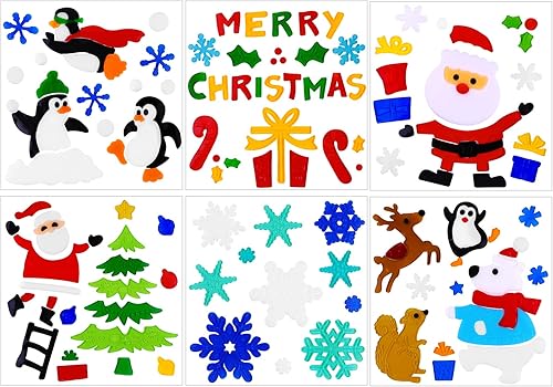 JOICEE 6 calcomanías de gel de Navidad para ventana, Papá Noel, muñeco de nieve, copo de nieve, pingüino, árbol de Navidad, regalo para niños
