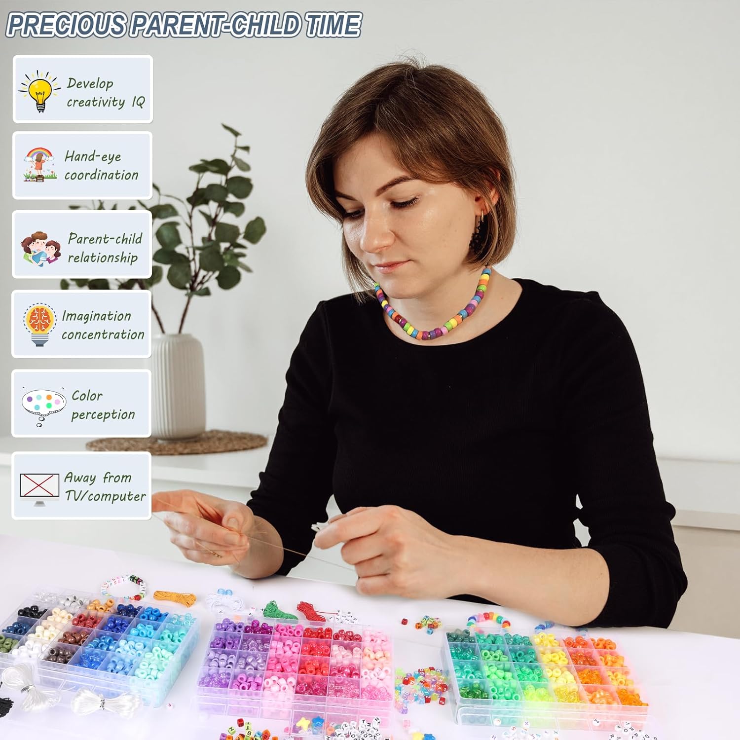 QUEFE 4700pcs, 72 Colors Pony Beads Rainbow Kandi for Bracelets Making Kit, 3600pcs 9mm Plastic and 1000pcs Letter Beads, Alphabet for Jewelry Making With Elastic Threads - Image 7