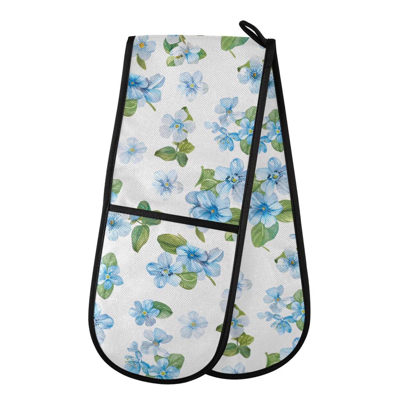 Double Oven Gloves Watercolor Forget-me-not Flowers Heat Resistant Pot Holder Oven Mitt Gloves for BBQ Cooking Baking Grilling Microwave