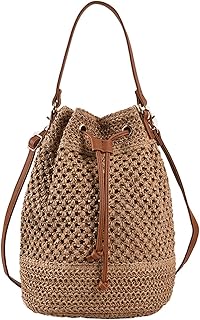 OWGSEE Straw Bucket Bag for Women, Summer Woven Beach Bag Drawstring Hobo Bucket Purses Handbag for Vacation