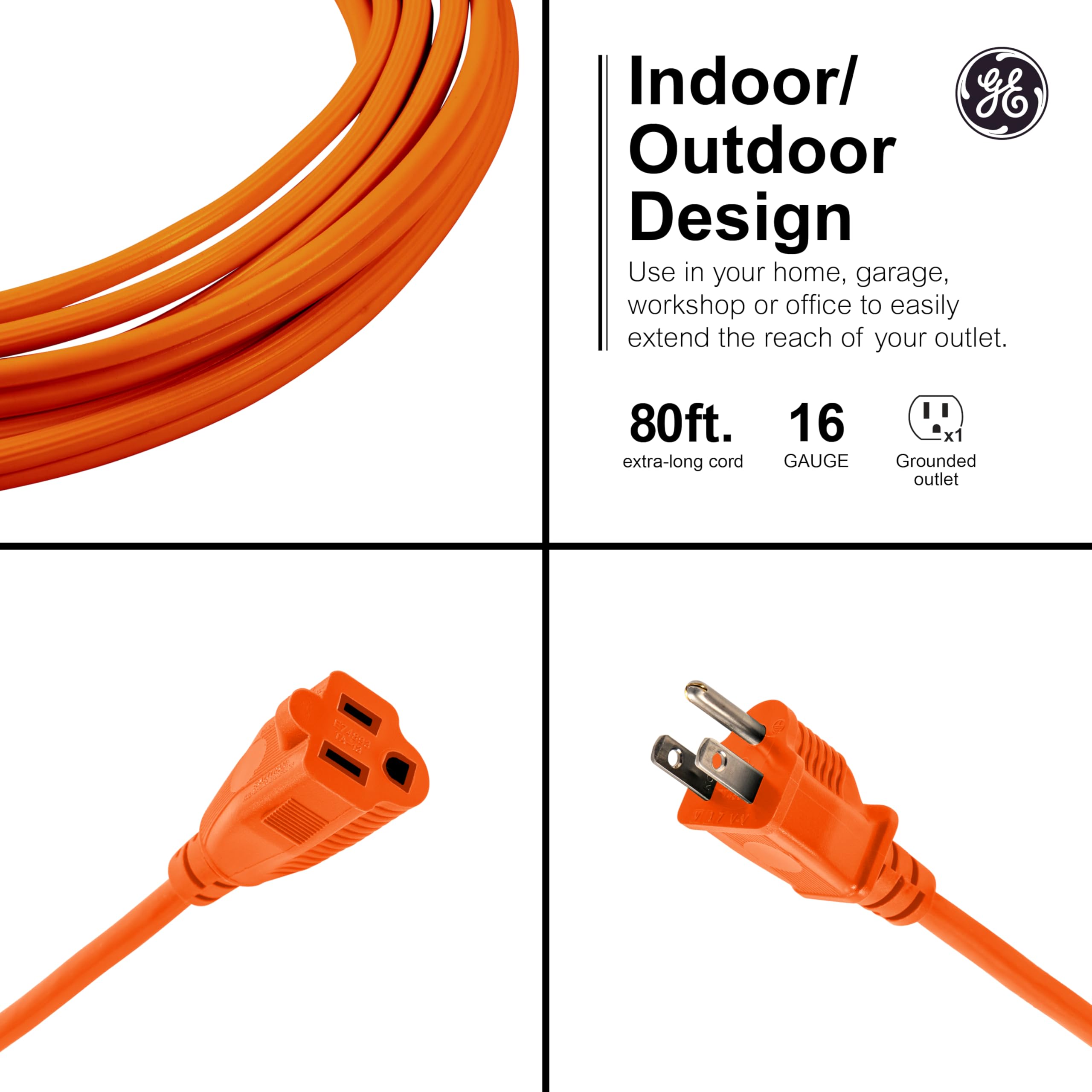GE Outdoor Long Extension Cord, 80 Ft, Grounded Heavy Duty, 16AWG