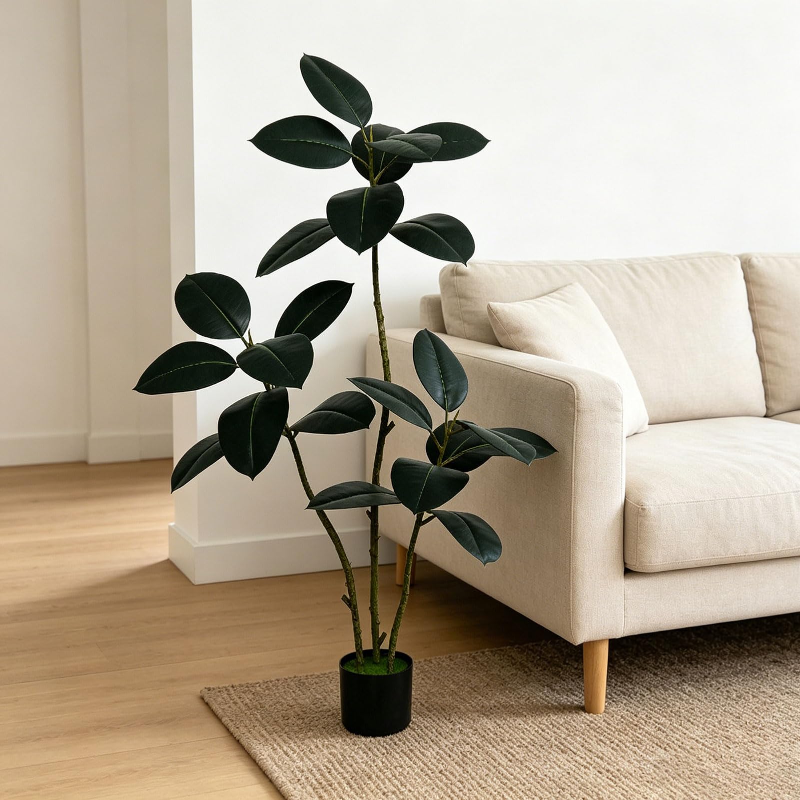 Asixxsix Arbre à Caoutchouc Artificiel avec 3 Têtes et 21 Feuilles Brillantes (130 cm)