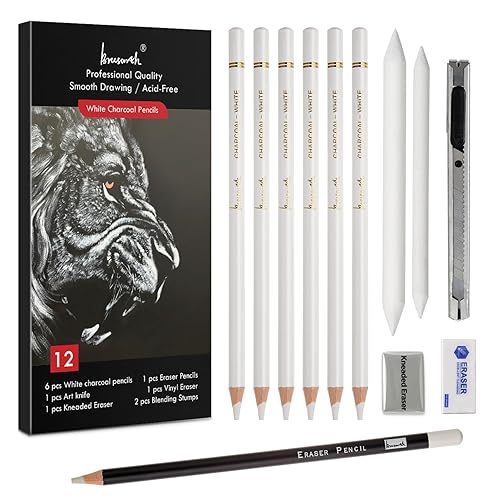 Brusarth White Charcoal Pencils Set - 12 Piece Sketch Highlight White Pencils Set for Drawing, Sketching, Shading, Blending, Artist Pencils for Artists, Professionals or Beginners - White