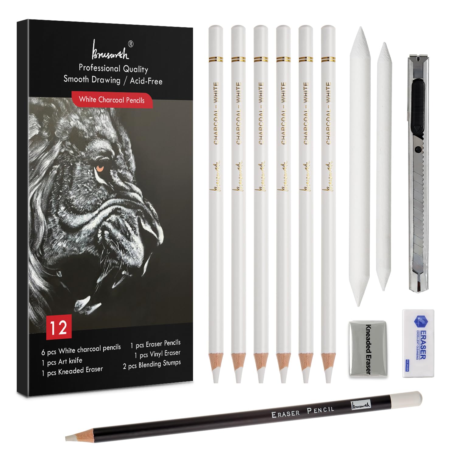 Brusarth White Charcoal Pencils Set - 12 Piece Sketch Highlight White Pencils Set for Drawing, Sketching, Shading, Blending, Artist Pencils for