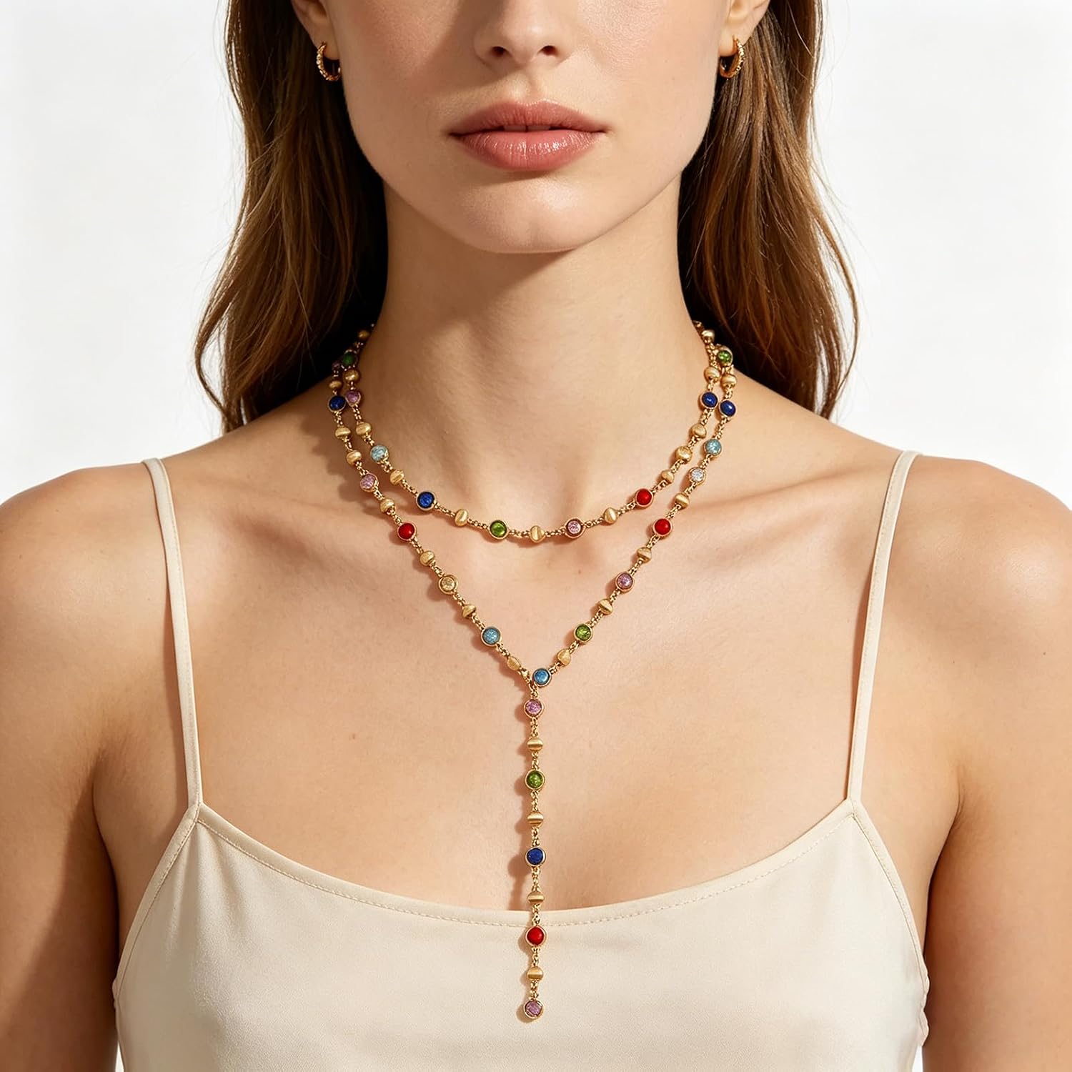 KURTCB Rhinestone Necklace for Women Boho Long Y Lariat Gold Necklace Stack Colorful Summer Beach Jewelry