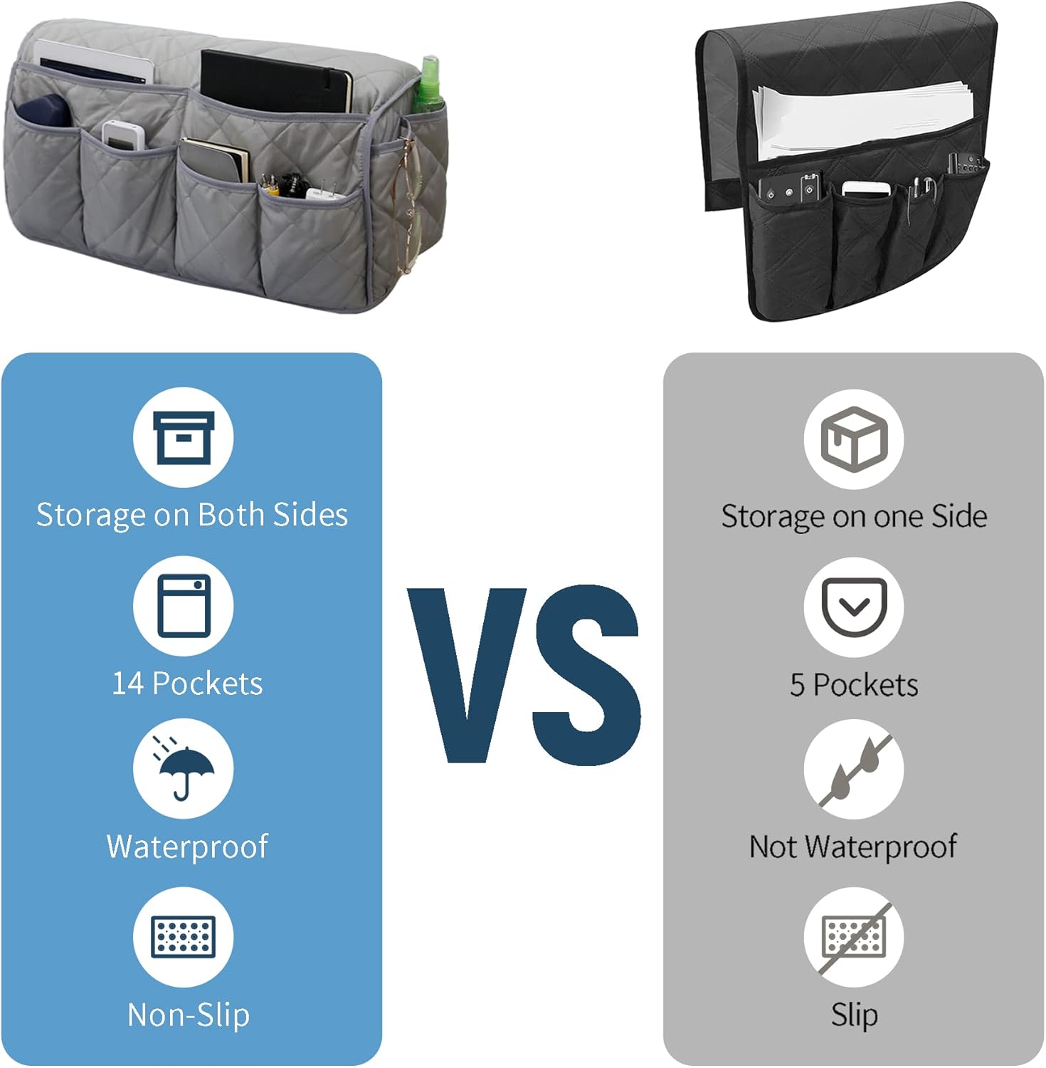 MEHIDFY Armchair Caddy, Waterproof Sofa Armrest Organizer, Non Slip Recliner Organizer, Remote Holder for Recline, Recliner Caddy with 14 Pockets Storage for TV Remote, Phone, Magazine(blue+grey)