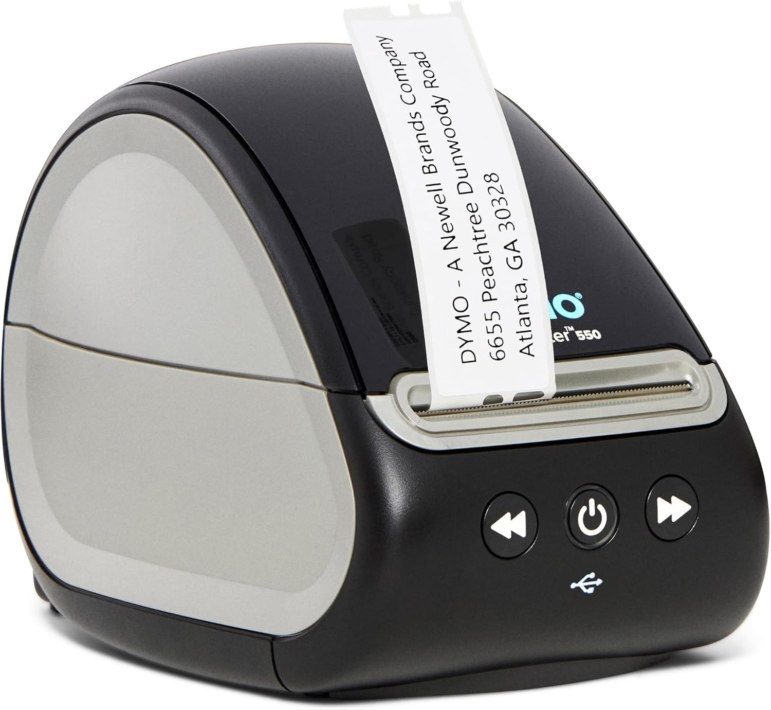 DYMO LabelWriter 550 printer with a label roll loaded inside, ready for printing.