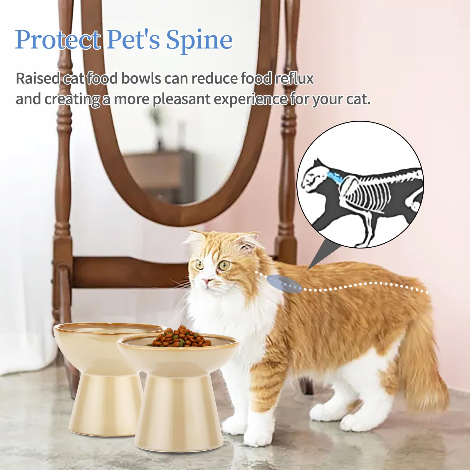 6.2inch Extra Wide Elevated Cat Bowls Set of 2, Stress Free Raised Cat Food Bowls for Food and Water, Shallow Cat Food Dish Whisker Friendly, Anti Vomit Ceramic Cat Bowls Microwave and Dishwasher Safe