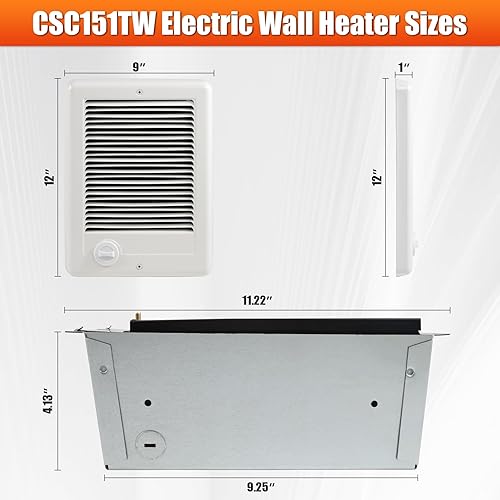 Miniatura 4 de Calentador eléctrico de pared CSC151TW Unidad completa con termostato ajustable, calentador eléctrico montado en la pared para uso en interiores,