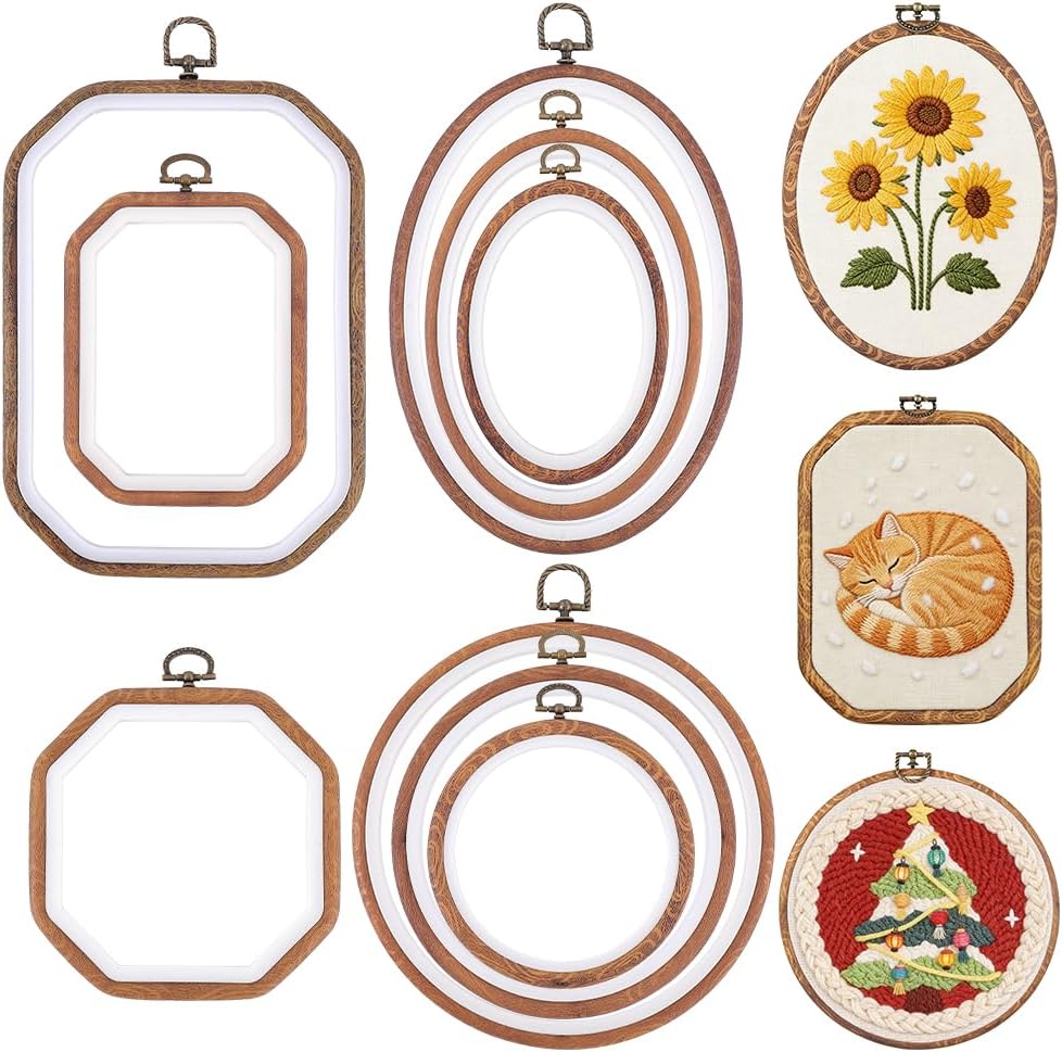 WADORN 9Pcs Embroidery Hoop Frame Set, Imitated Wood Decorative Cross Stitch Hoop Circle/Oval/Octagonal Display Frame Embroidery Hoops for DIY Art Craft Sewing and Hanging Ornaments Decor(Mixed Shape)