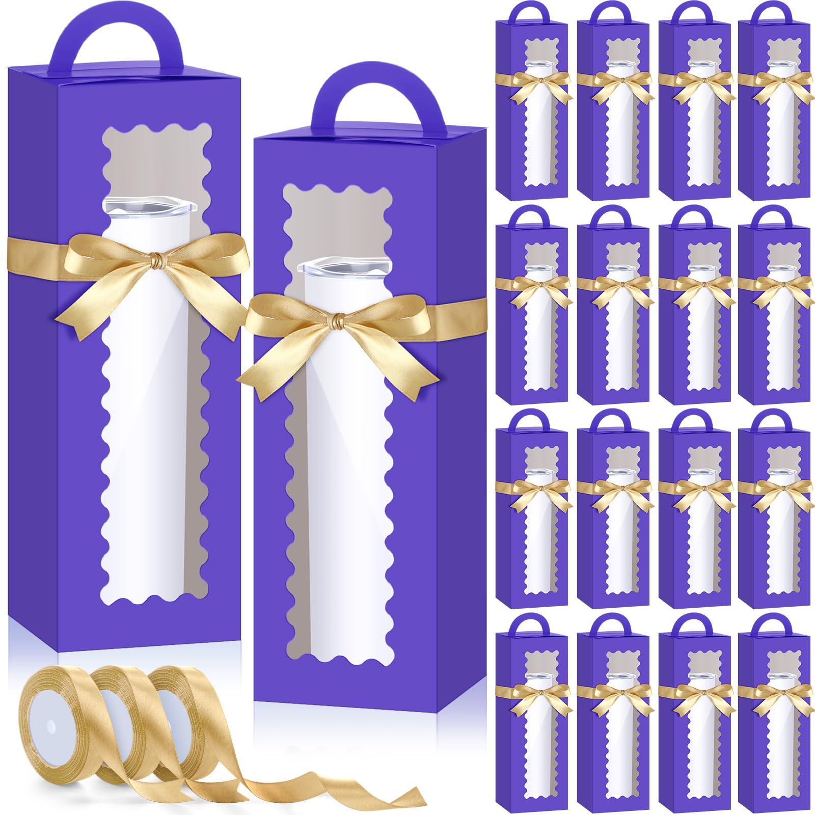 Windyun 100 Pcs Tall Tumbler Gift Boxes with Ribbons Bulk, Window Handle for 30oz 20oz 16oz 12oz Clear Wine Glass Jar Gift Box for Sublimation Packaging Wrapping Shipping 11 x 3.4 x 3.4'' (Purple)